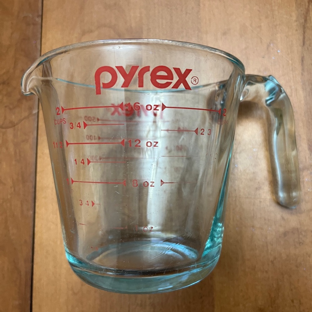 (2/$30) Vintage Pyrex Tinted Blue Glass 2 Cup Measuring Cup with Red Markings